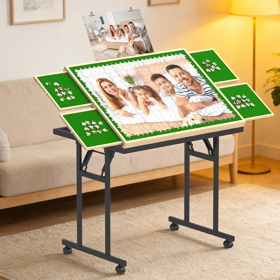 Puzzle Table 1500 Pieces with Wheels, Puzzle Table for Adults with Drawers and Cover, 5 Adjustable Up Angles Wooden Jigsaw Puzzle Board with Folding Legs for All Ages, Green