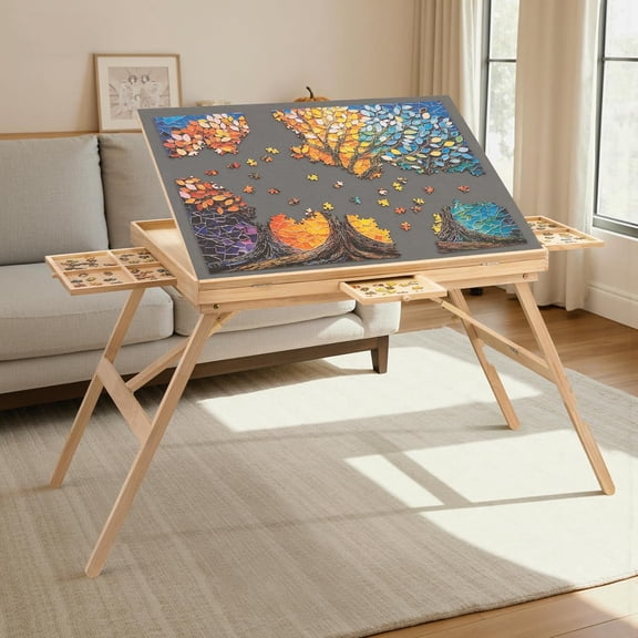 Puzzle Table 27.6" Tall 1500 Piece Puzzle Board with Drawers, 34.2" x 26.3" Adjustable 5-Tilting-Angle Jigsaw Table with Legs, Jigsaw Board for Adults, Nature