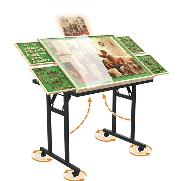 Jigsaw Puzzle Table for Adults with Drawers, Wooden Puzzle Board with Folding Legs, Cover and Wheels, 5 Adjustable Up Angles, Nature&Green