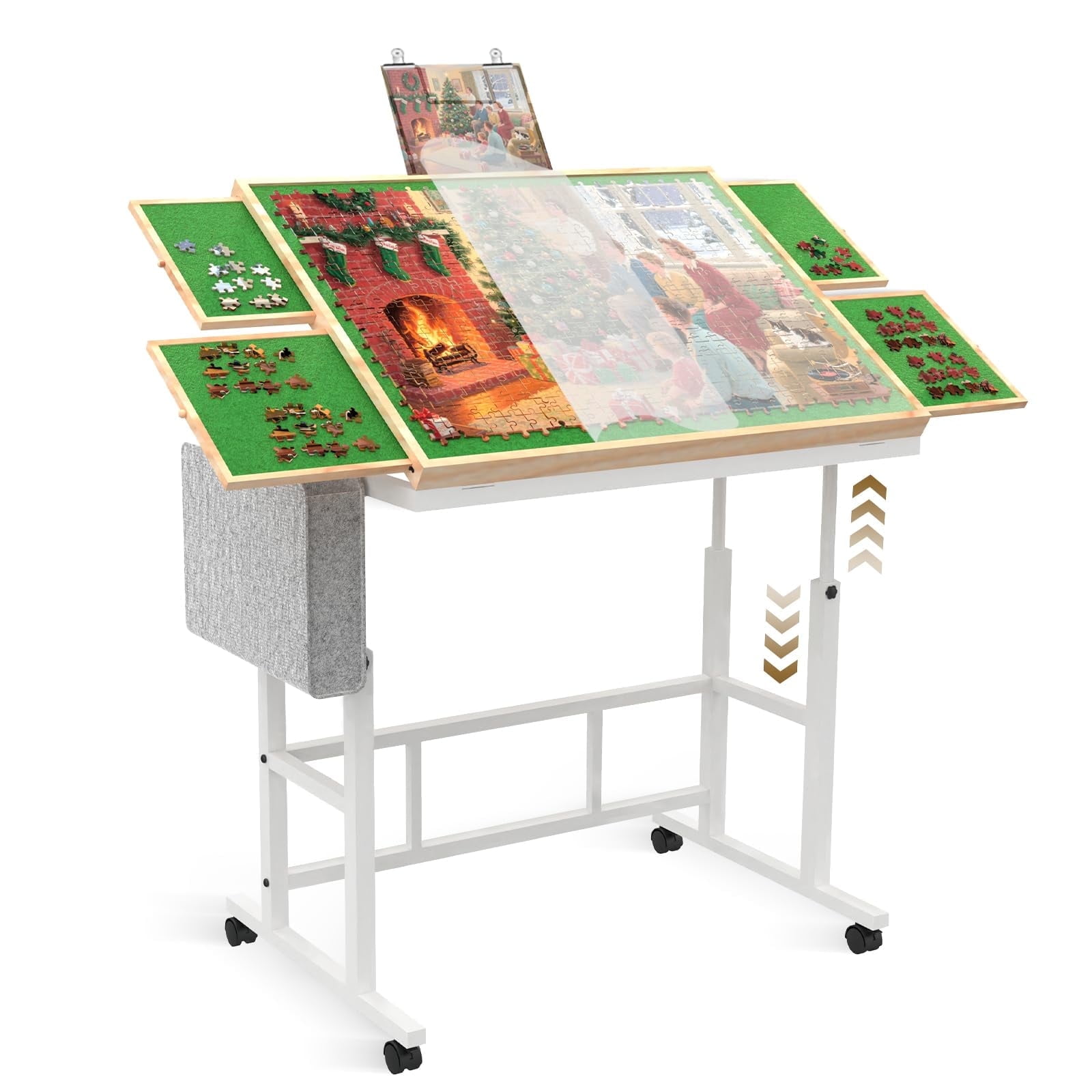 Jigsaw Puzzle Table for Adults with Drawers&Storage Pocket, Jigsaw Puzzle Board with Legs and Wheels, 5 Adjustable Height&Tilting, White