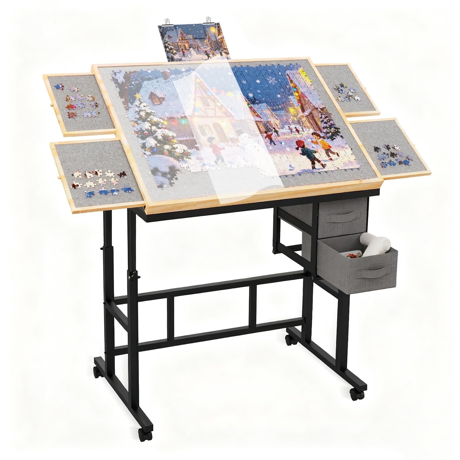 Jigsaw Puzzle Table for Adults with 6 Drawer and Legs, 1500 Pieces Puzzle Table with Protective Cover&Wheels, Adjustable Height and Five up Angles, Natural&Gray