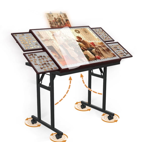 Jigsaw Puzzle Table for Adults with Drawers, Wooden Puzzle Board with Folding Legs, Cover and Wheels, 5 Adjustable Up Angles, Coffee&Gray