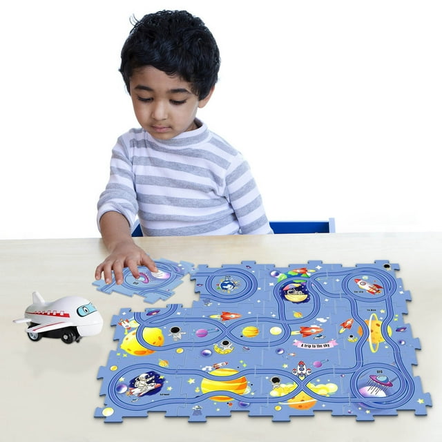 Puzzle Track Car Play Set, BatteryOperated Toy Vehicle & Plastic Puzzle Board, Puzzles for Kids