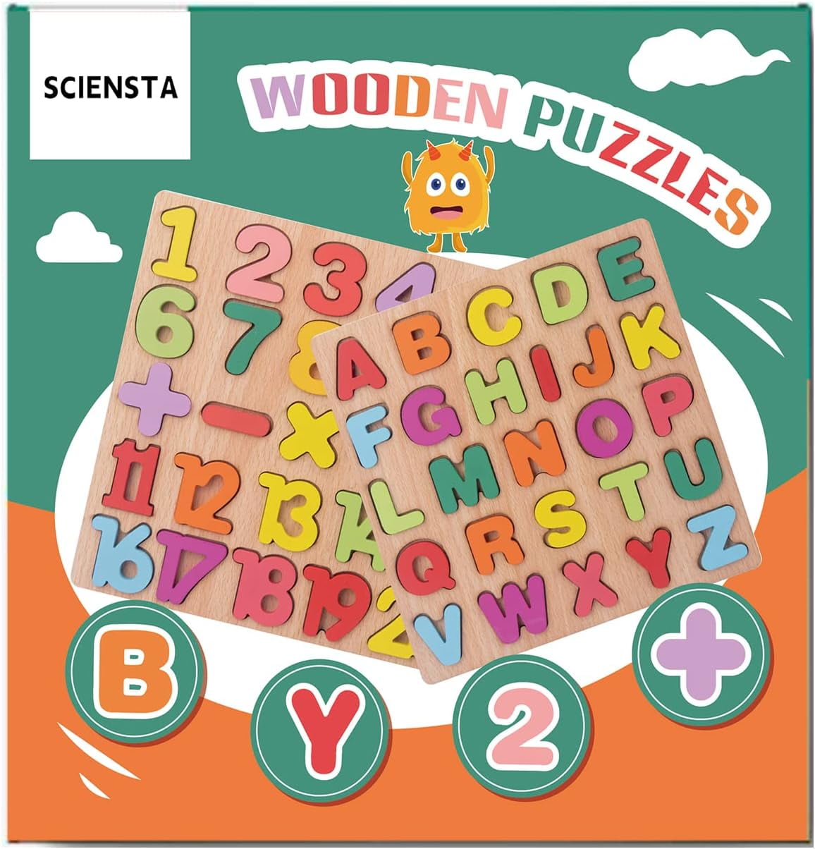 2-Pack Wooden Puzzles For Toddlers - Alphabet, Number & Shape Puzzles, Montessori Learning Toys For Kids 3+ Years