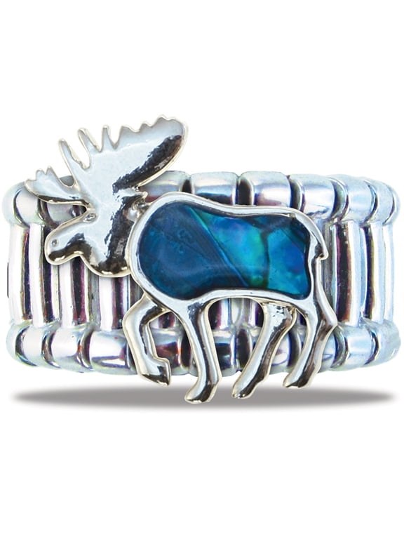 Aqua Silver & Blue Moose Adjustable Ring, Heavy-weight Fashionable Sparkling Elegant Novelty Jewelry with Genuine New Zealand Paua Shell Wildlife Themed Fashion Statement Unisex Hand Accessory
