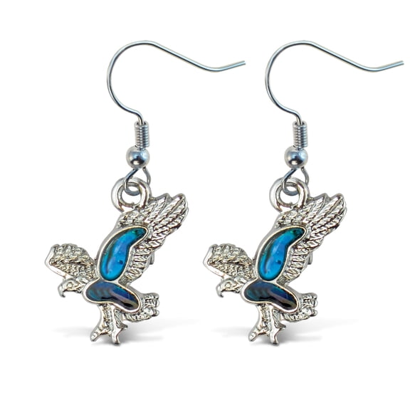 Puzzled Blue & Silver Eagle Dangle Post Fish Hook Drop Earrings, 1.35 Inch Fashionable Sparkling Elegant Jewelry with Genuine New Zealand Paua Shell Wildlife Bird Themed Fashion Ear Accessory (2 Pcs)