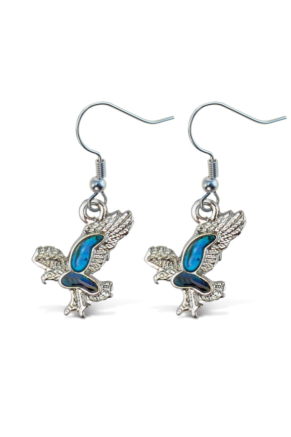 Blue & Silver Eagle Dangle Post Fish Hook Drop Earrings, 1.35 Inch Fashionable Sparkling Elegant Jewelry with Genuine New Zealand Paua Shell Wildlife Bird Themed Fashion Ear Accessory (2 Pcs)
