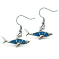 thumbnail image 1 of Puzzled Blue and Silver Aqua Shark Earrings - Elegant Fish Hook Earrings with Genuine New Zealand Paua Shell Jewelry, Cute Ocean Animal Dangle Earrings, Fashionable Ocean Jewelry - (1 Pair /Set), 1 of 2