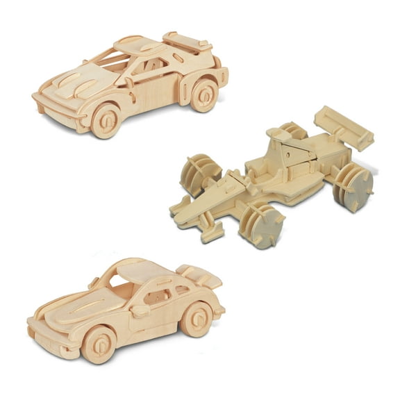 Puzzled Bundle of Cars: F-20, P911, and Race Car Wooden 3D Puzzles Construction Kits - Fun & Educational DIY Racing Toys, Assemble Model Unfinished Wood Craft Hobby Puzzles to Build & Paint - 3 Pack