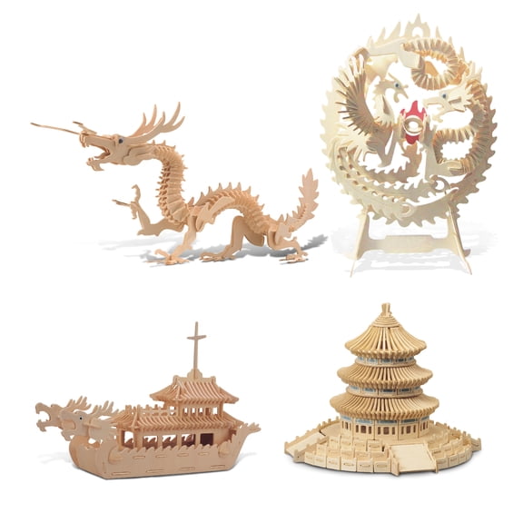 Puzzled Bundle of Dragons Asian Theme: Lucky Dragon & Phoenix, Dragon Boat, Dragon, & Temple of Heaven Wooden 3D Puzzle Construction Kits, Educational Ancient Asia Assemble Models Wood Craft - 4 Pack