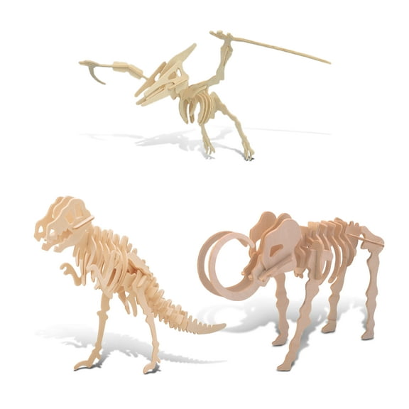 Puzzled Bundle of Prehistoric: Tyrannosaurus, Pteranodon & Mammoth Wooden 3D Puzzles Construction Kits - Fun & Educational DIY Dino Toys, Assemble Model Unfinished Wood Craft Hobby Puzzles - 3 Pack