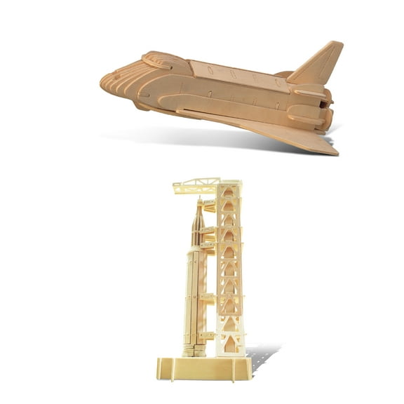 Puzzled Bundle of Space Crafts: Space Shuttle, Saturn V, & Shuttle Launch Wooden 3D Puzzles Construction Kits, Educational DIY Space Toys Assemble Models Wood Craft Hobby to Build & Paint - 3 Pack