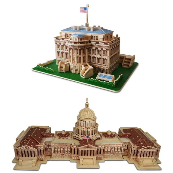 Puzzled Bundle of The White House and US Capitol Wooden 3D Puzzle Construction Kits, Fun Educational DIY Famous Sites Toys Assemble Models Unfinished Wood Craft Hobby Puzzles to Build & Paint - 2 Pack