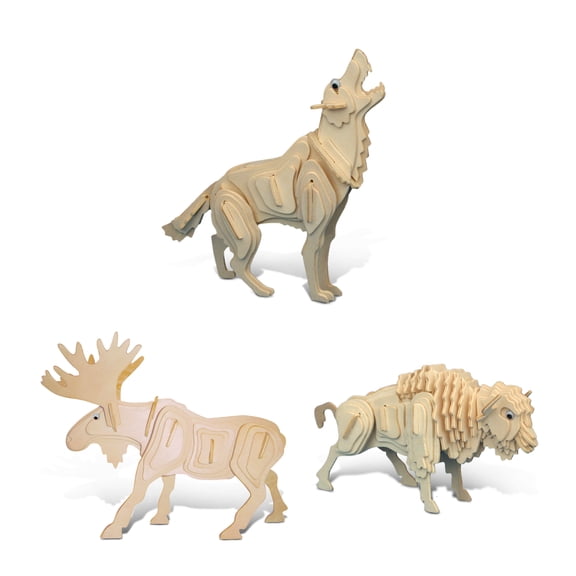 Puzzled Bundle of Wolf, Moose, & Buffalo Wooden 3D Puzzle Construction Kits, Fun Unique & Educational DIY Wild Animals Toys Assemble Model Unfinished Wood Craft Hobby Puzzles to Build & Paint - 3 Pack