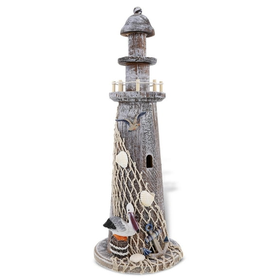 Puzzled COTA Global Brown Wooden Lighthouse Decor - Handmade and Crafted Wooden Lighthouse Decoration with Pelican and Fishing Net, Tabletop Home Decor - 15.75 Inches