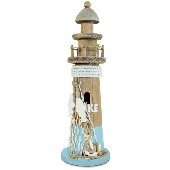 Puzzled COTA Global Evian Lighthouse Decor - Handmade and Crafted Wooden Lighthouse Decoration with Hanging Fish Net, Decorative Beach Style Tabletop Centerpiece – 12.25 Inches