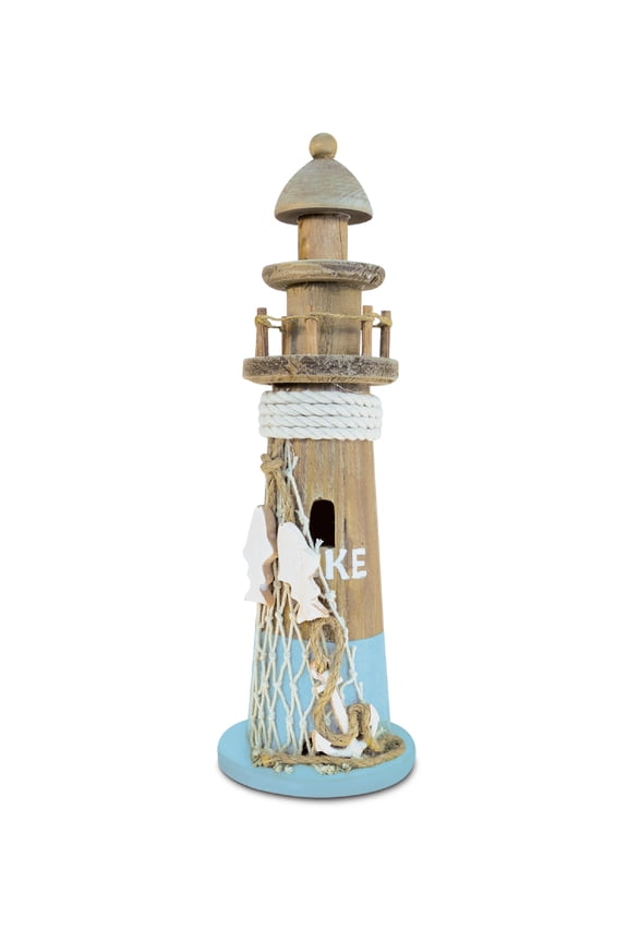 COTA Global Evian Lighthouse Decor - Handmade and Crafted Wooden Lighthouse Decoration with Hanging Fish Net, Decorative Beach Style Tabletop Centerpiece – 12.25 Inches