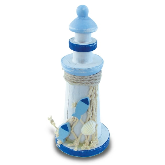 Puzzled COTA Global Light Blue Stripes Lighthouse Decor - Handmade and Crafted Wooden Lighthouse Decoration with Fish, Decorative Beach Style Tabletop Centerpiece – 6 Inches
