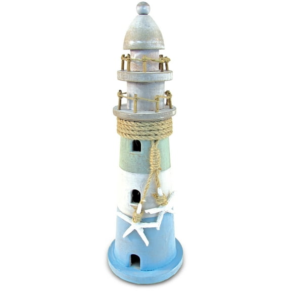 CoTa Global Ocean Breeze Lighthouse Decor - Handmade Wooden Lighthouse Beach Decorations for Home with Decorative Starfish Ornaments, Coastal Centerpiece Home Decor for Table Top - 12.25 Inches