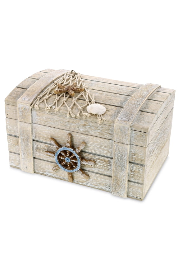 CoTa Global Nautical Wooden Trinket Box - Handcrafted Nautical Keepsake Storage Box, Cute Wood Box with Starfish And Shells Decor, Rustic Wood Decorative Box With Hinged Lid 6.8 Inches