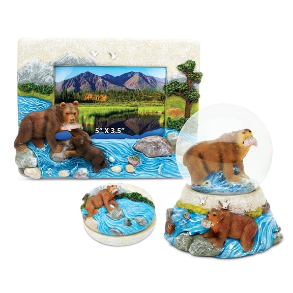 Puzzled Grizzly Bear Resin Stone Finish Collection including Picture/Photo Frame, Jewelry Box , Snow Globe