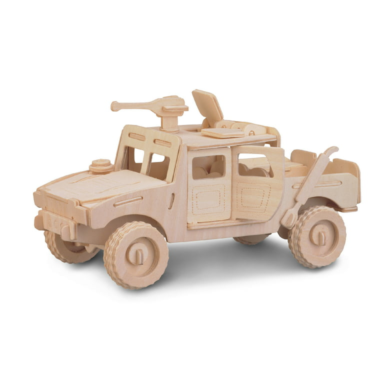 Puzzled H1 Large 68 Pieces Wooden 3D Puzzle Woodcraft Construction Kit  Assembled Size 8.5 x 4 x 4.2 inches w/ Instructions & Sandpaper Inside  Combat Army Mobile Soldier Jeep Vehicle 