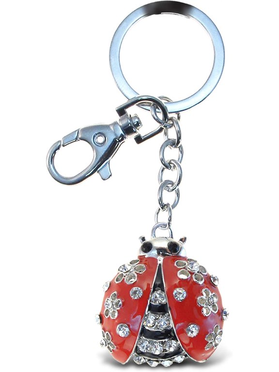 Puzzled Ladybug Keychain - Silver, 3D Rhinestone Design, Metal Alloy, with Clasp