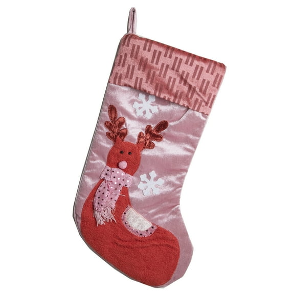 Puzzled Reindeer Christmas Stocking Pink and Red Velvet - Red