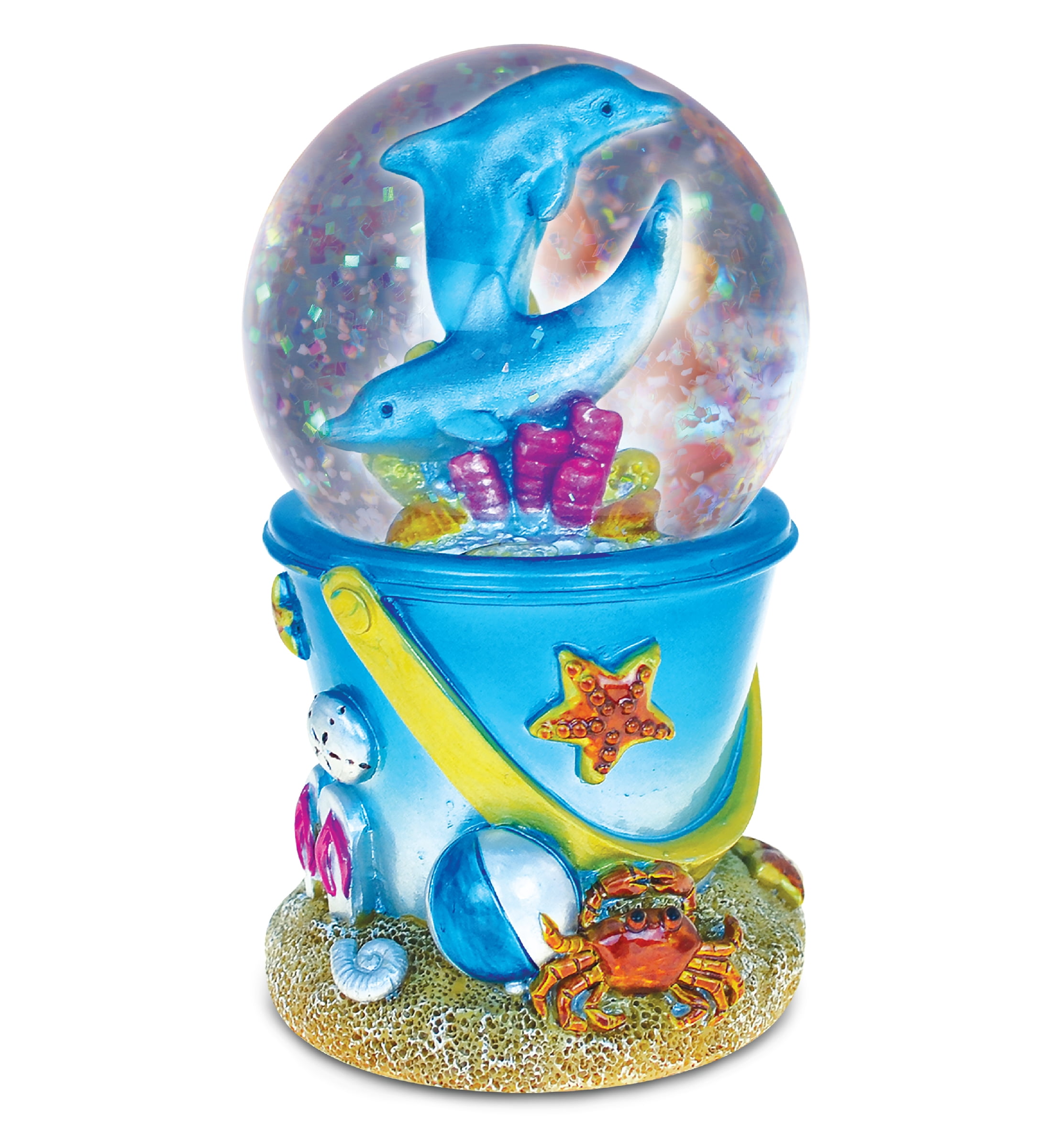 Puzzled Resin Sand Bucket Dolphin Snow Globe (65mm), 4.5 Inch Tall Figurine Intricate & Meticulous Detailing Art Handcrafted Tabletop Sculpture Centerpiece Accent Ocean Sea Life Themed Home Décor