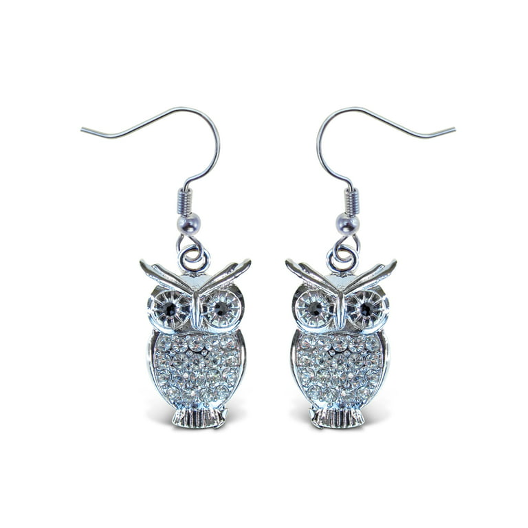 Puzzled Silver Owl Fish Hook Earrings, 1.5 Inch Fashionable & Elegant  Jewelry Rhinestone Studded Earring For Casual Formal Attire Wildlife Bird  Themed