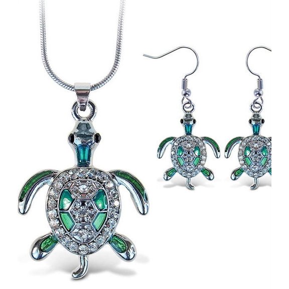 Puzzled Sparkling Sea Turtle Necklace and Earrings Set Charming Necklace and Earring Set - Ocean Sea Life Theme - Aqua Jewelry Always Unique Gift - Item #K6309-6359