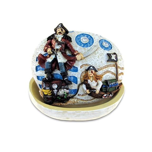 Puzzled Stone Pirate Couple Small Stone Resin Jewelry & Accessories Organizer Keepsake Box, 3.25" Removable Lid Round Shaped for Rings, Necklaces & Trinkets - Treasure Chest Props Home Decor Stash