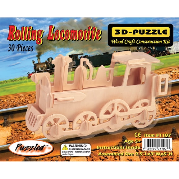 Puzzled 3D Puzzle Rolling Locomotive Train Wood Craft Construction Model Kit, Fun & Educational DIY Wooden Toy Assemble Unfinished Crafting Hobby Puzzle to Build & Paint for Decoration 30 Pieces Pack