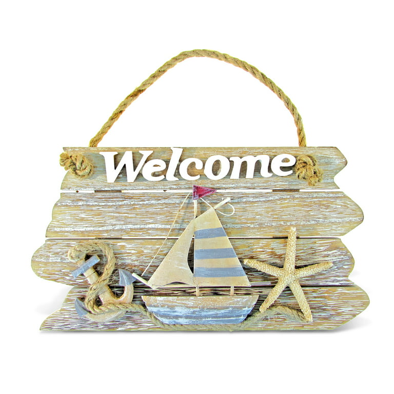 Puzzled Vintage Nautical Wooden Welcome Front Door Sign, 9.75 x 5.5  Decorative Rope Handle Ornament Plaque Sailboat Starfish Anchor Indoor  Outdoor Porch Garden Cafe Store - Beach Theme Home Decor 