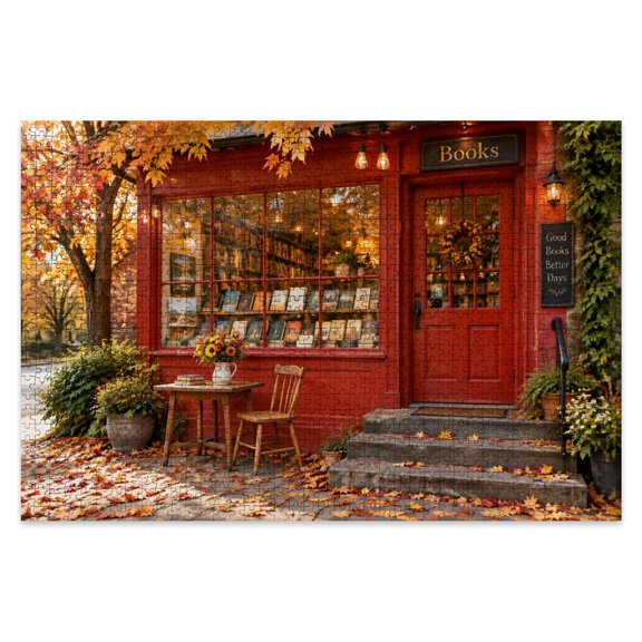 Puzzles for Adults 1000 Pieces Autumn Bookstore Maple leaves Wooden Jigsaw Puzzles Red Facade Cozy Window Falling Leaves Challenging Fun Family Game Party Gifts for Women Men Seniors Home Decor