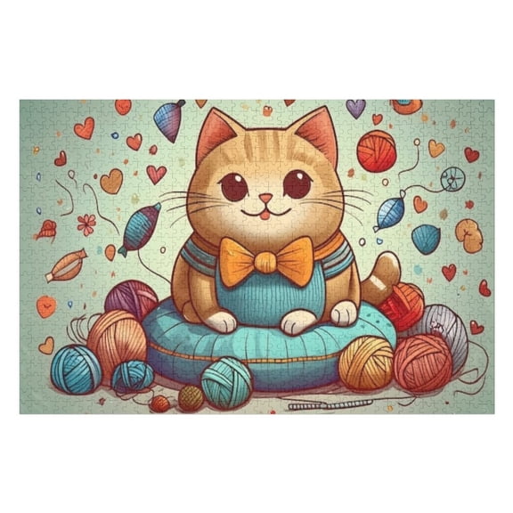 Puzzles for Adults 1000 Pieces - Charming Doodle Cute Chubby Cat With Big Smile Sitting Cozy Cushion Funny Jigsaw Puzzles Learning & Fun Educational Toys Gift