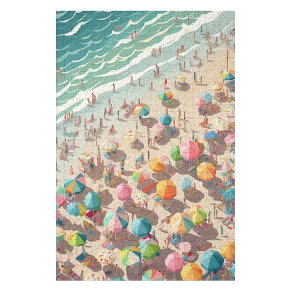 Puzzles for Adults 1000 Pieces - Colored Crowded Beach With Umbrellas People Wooden Jigsaw Puzzle - Perfect Interlocking Clear Printing - Adults Educational Puzzle Ideal Gift