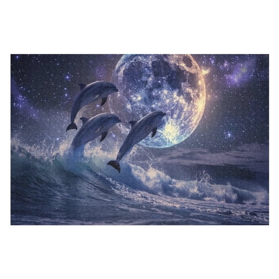 Puzzles for Adults 1000 Pieces - Dolphin Jumps Out Sea Full Moon Starry Night Sky Funny Puzzles Brain Challenge Educational Game Relaxation Pastime Entertainment Activity Decorative Puzzle