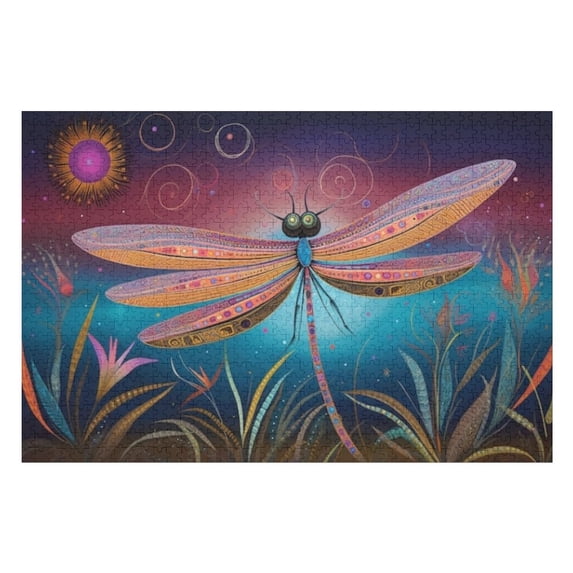 Puzzles for Adults 1000 Pieces - Dragonfly With Purple Blue Pattern Its Wings Is Surrounded Funny Puzzle - Unique Brain Teaser, for Puzzle Enthusiasts