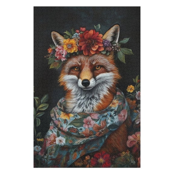 Puzzles for Adults 1000 Pieces - Fox Adorned With Vibrant Floral Crown Draped Silk Scarf Funny Challenging Puzzle Brain Teaser Activity Perfect for Game Nights