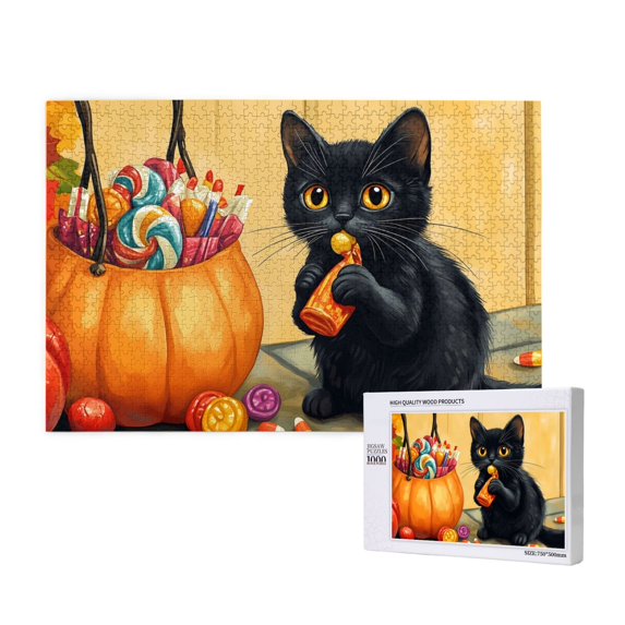 Puzzles for Adults 1000 Pieces - Halloween Cute Candy Black Cat Leisure Wooden Jigsaw Puzzles 1000 Pieces High Resolution Great Gift for Family Fit Together Perfectly 19.7" x 29.5"