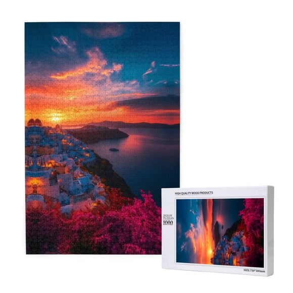 Puzzles for Adults 1000 Pieces - Santorini Sunset Bliss 19.7" x 29.5" Leisure Wooden Jigsaw Puzzles 1000 Pieces High Resolution Great Gift for Family Fit Together Perfectly