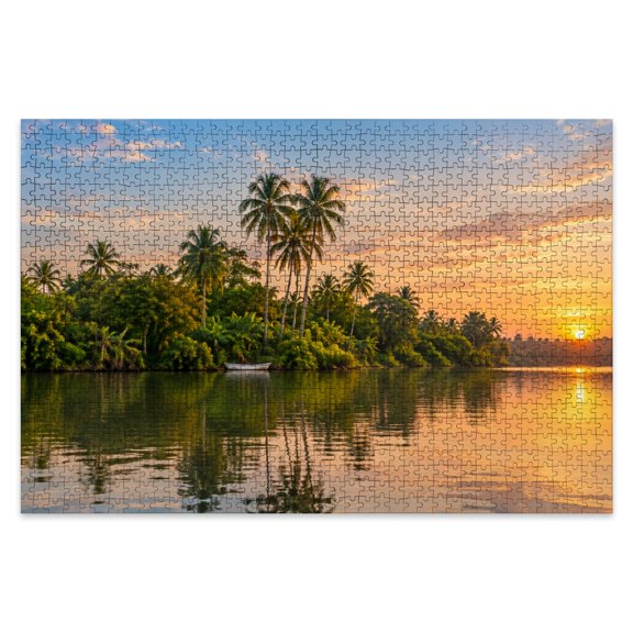 Puzzles for Adults 1000 Pieces Serene Sunset River Wooden Jigsaw Puzzles Palm Trees Tropical plant Challenging Fun Family Game Party Gifts for Women Men Seniors Christmas
