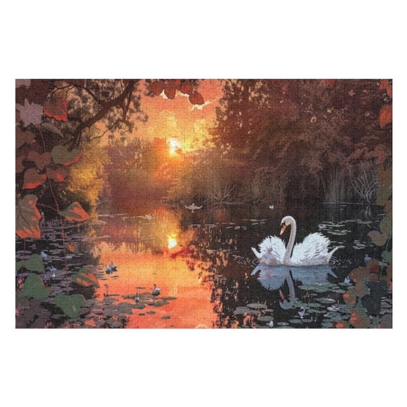 Puzzles for Adults 1000 Pieces - Sun Casts Golden Glow Tranquil Lake Where Graceful Swan Glides Through Still Waters Funny Challenging Puzzle Perfect for Game Nights