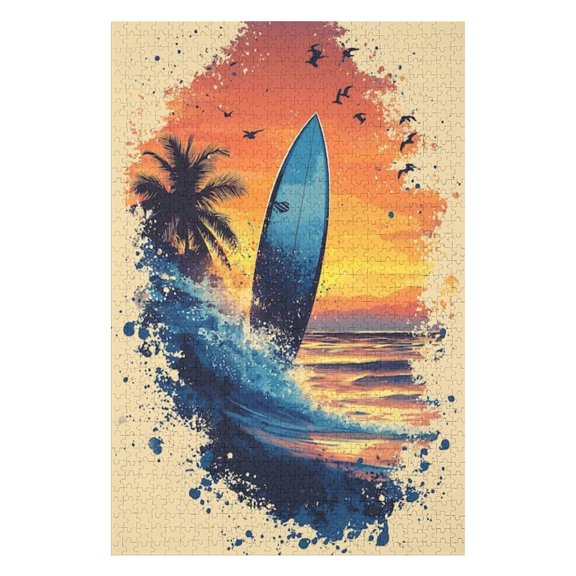 Puzzles for Adults 1000 Pieces - Surfboard Rising From Ocean Wave Sunset With Palm Trees Birds Flight Funny Challenging Puzzle Perfect for Game Nights
