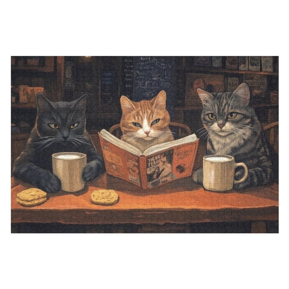 Puzzles for Adults 1000 Pieces - Two Cats Sitting Table Reading Book Drinking Coffee Stress Relief Puzzle, Family Entertainment, Relaxation and Leisure, Collectible Decoration Puzzle