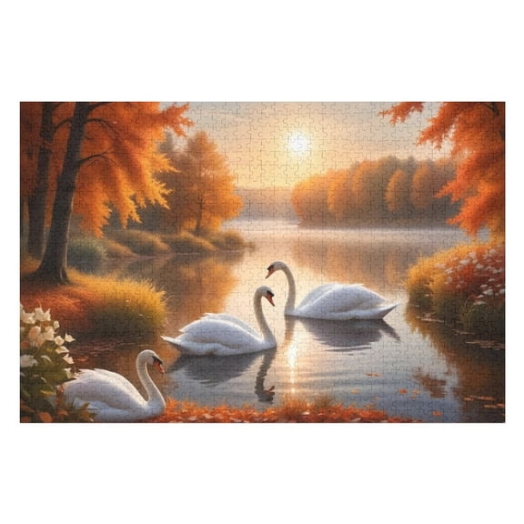 Puzzles for Adults 1000 Pieces - Wonderful Autumn Landscape Morning Sun Rises Two White Swans Are Swimming Funny Puzzle - Unique Brain Teaser, for Puzzle Enthusiasts