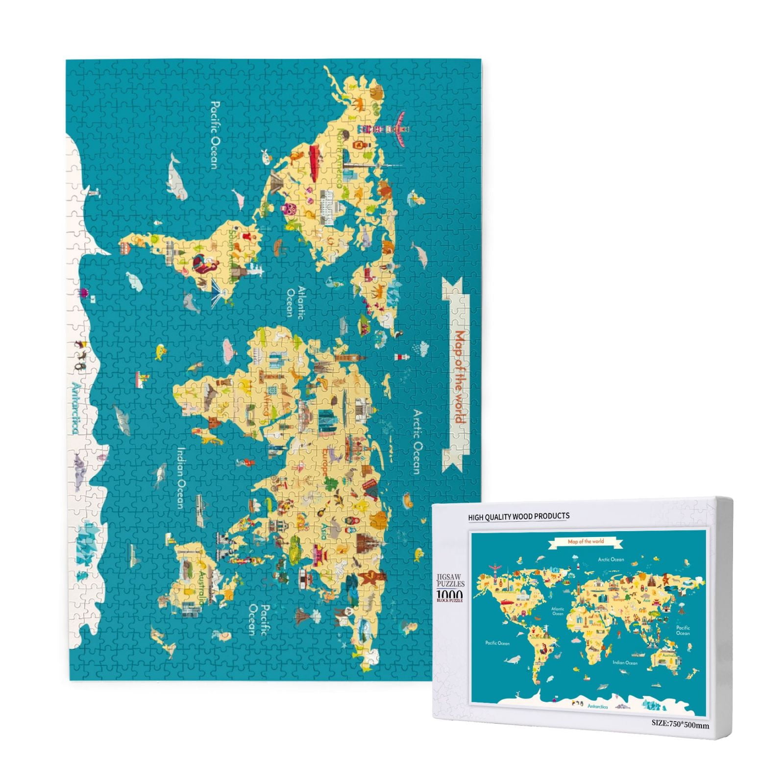 Map View Puzzle Puzzles for Adults 1000 Pieces - World Map With Landmarks 19.7