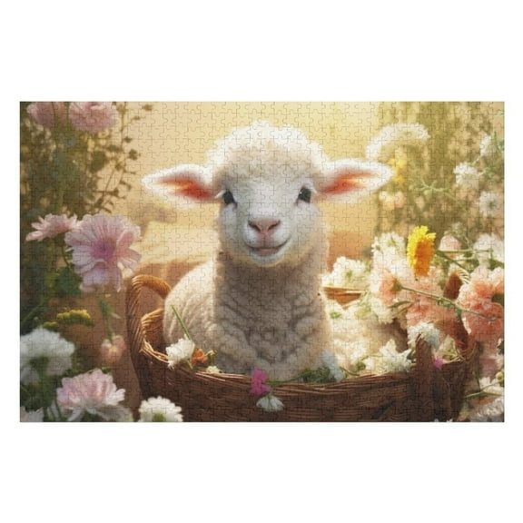 Puzzles for Adults 300 Pieces - Adorable Easter Lamb Surrounded By Flowers Challenging Gift for Puzzle Lovers, Fun Time with Friends, Displayable Wall Decor