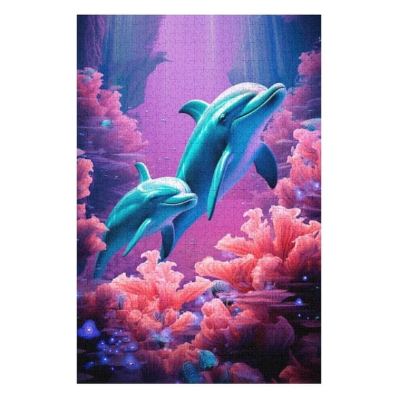 Puzzles for Adults 300 Pieces - Beautiful Dolphins Swimming Near Coral Reef Fun Educational Toys Decompressing Intellectual Puzzles Gift for Easter Hallowen Christmas Birthday